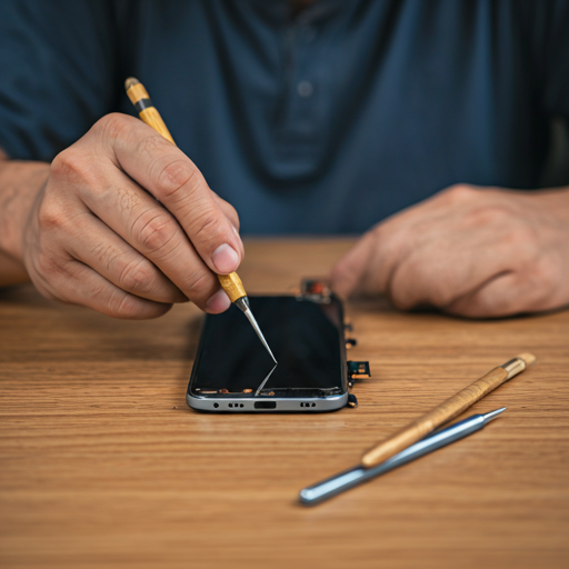 Técnico reparando un teléfono móvil con herramientas de precisión
